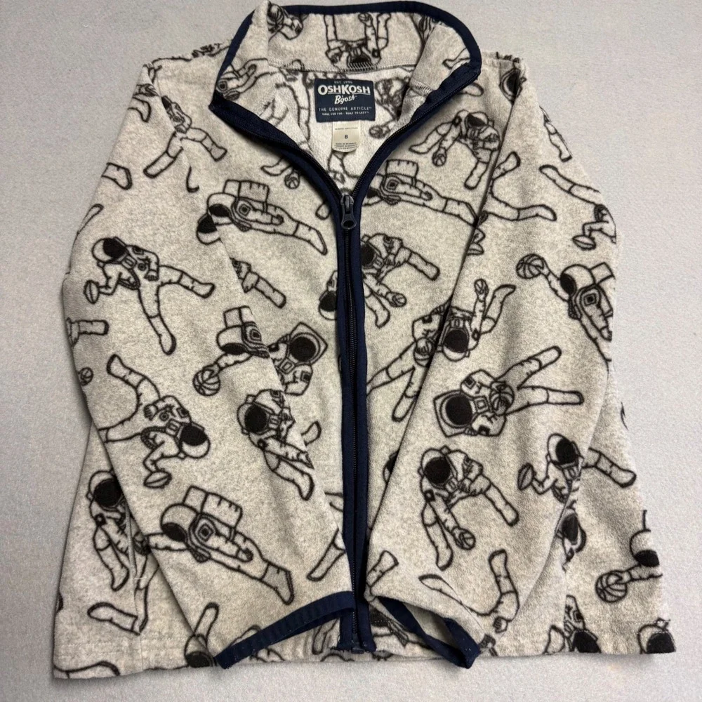 OshKosh Bgosh Kids Gray Fleece Astronaut Print Full Zip Jacket Size 8 Space Spt.
